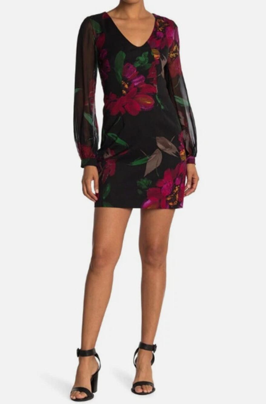 Trina Turk Black Floral Blooms Sheer Silk Sleeves Mini Dress Women 10 Gibb Dress